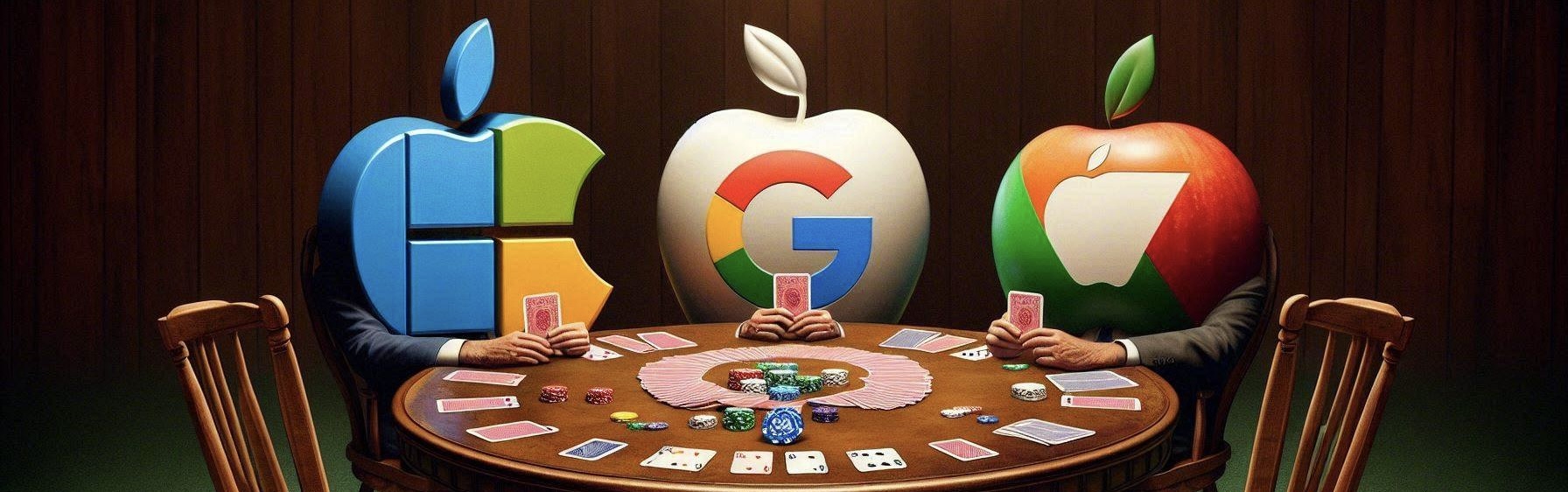 the microsoft logo, the apple logo and the google logo sitting at a round table playing cards