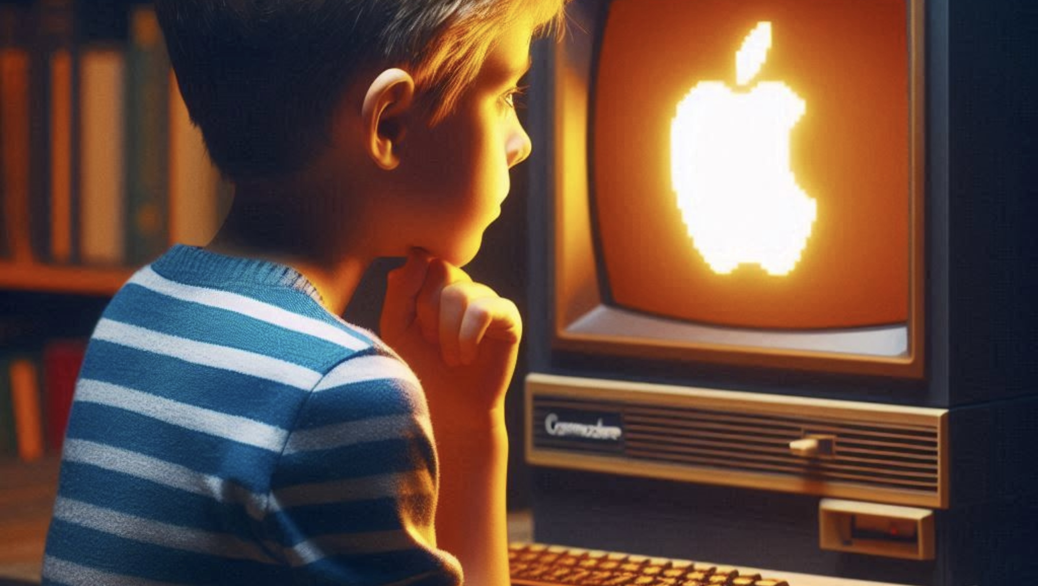 boy looking at a old crt with an apple logo